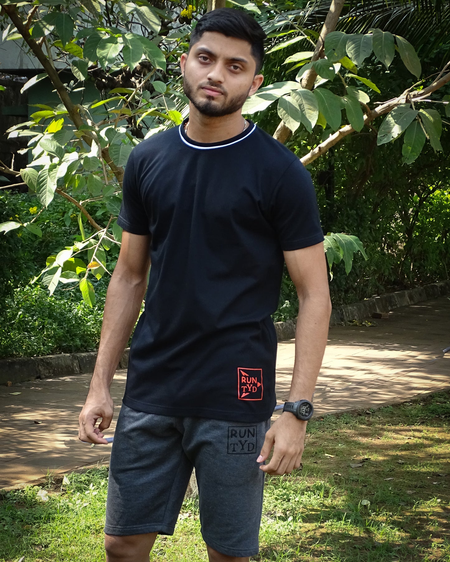 Unisex Slim Fit Black piped T shirt