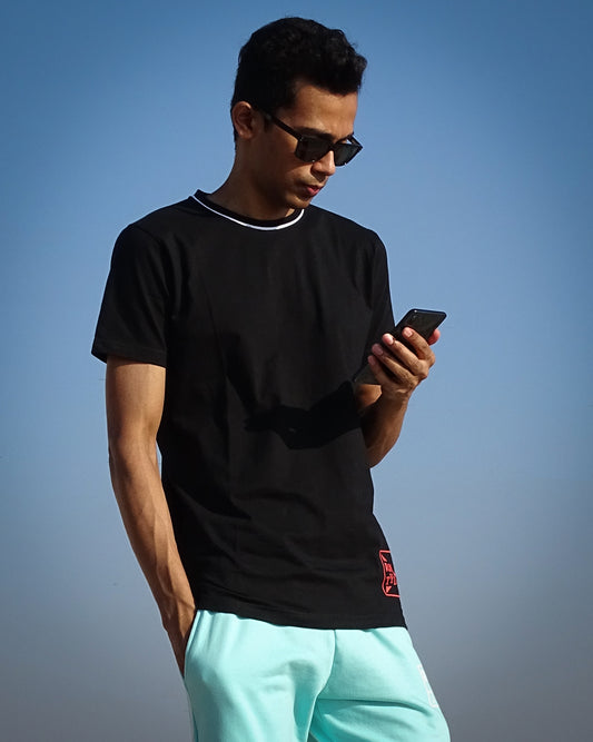 Unisex Slim Fit Black piped T shirt